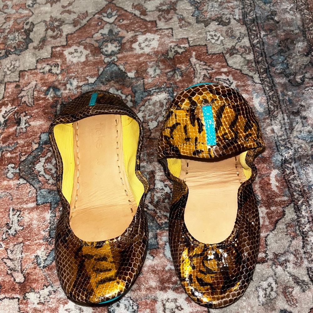 Tieks Brown and Yellow Snake Print Flats